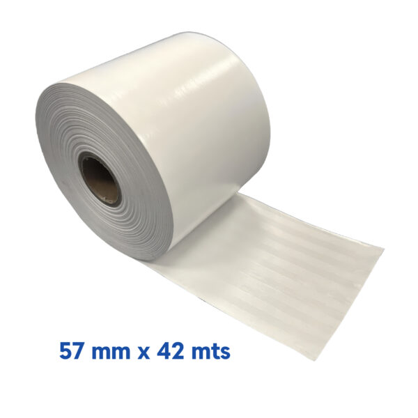 ETIQUETA TERMICO DIRECTO SIN LINER 57MM X 42MTS CORE 1 1/2" CON BORDES SIN PEGAMENTO 2MM, 16 ROLLOS POR CAJA